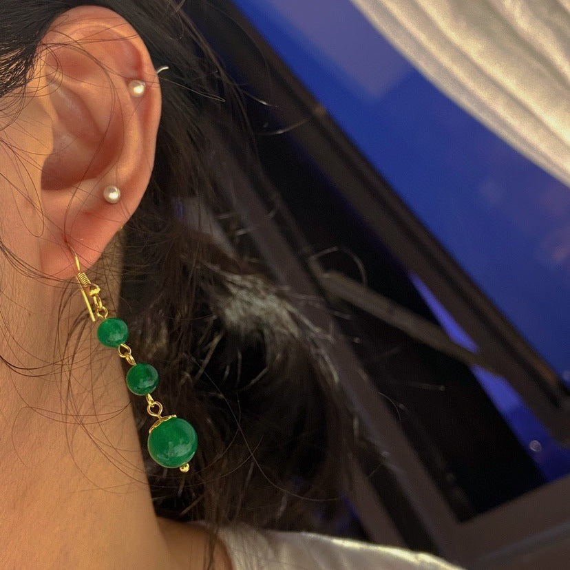 New Exquisite Simple Emerald Beads Long Tassel Earrings-Jewearrings