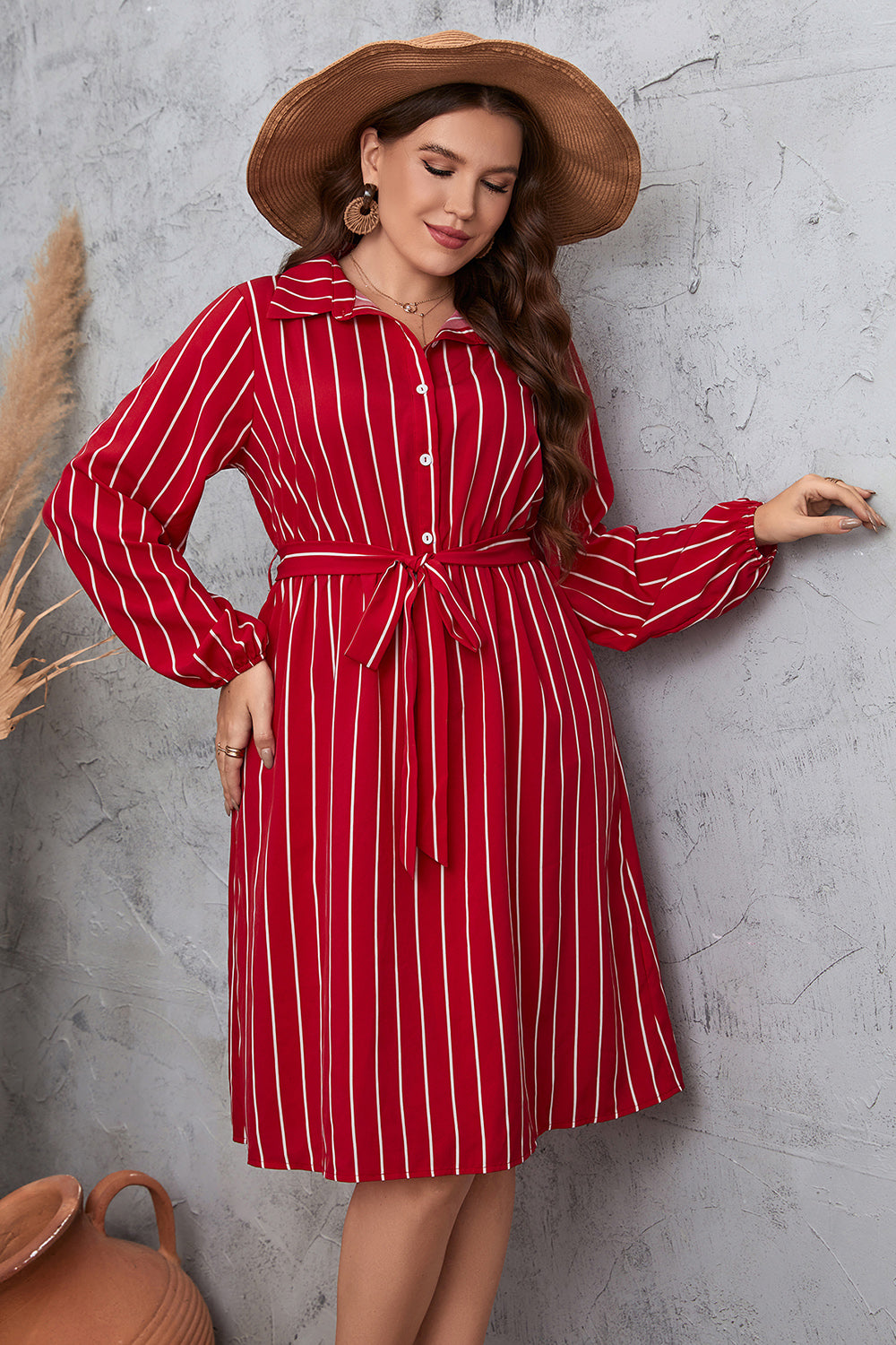 Plus Size Striped Tie Waist Shirt Dress-Jewearrings