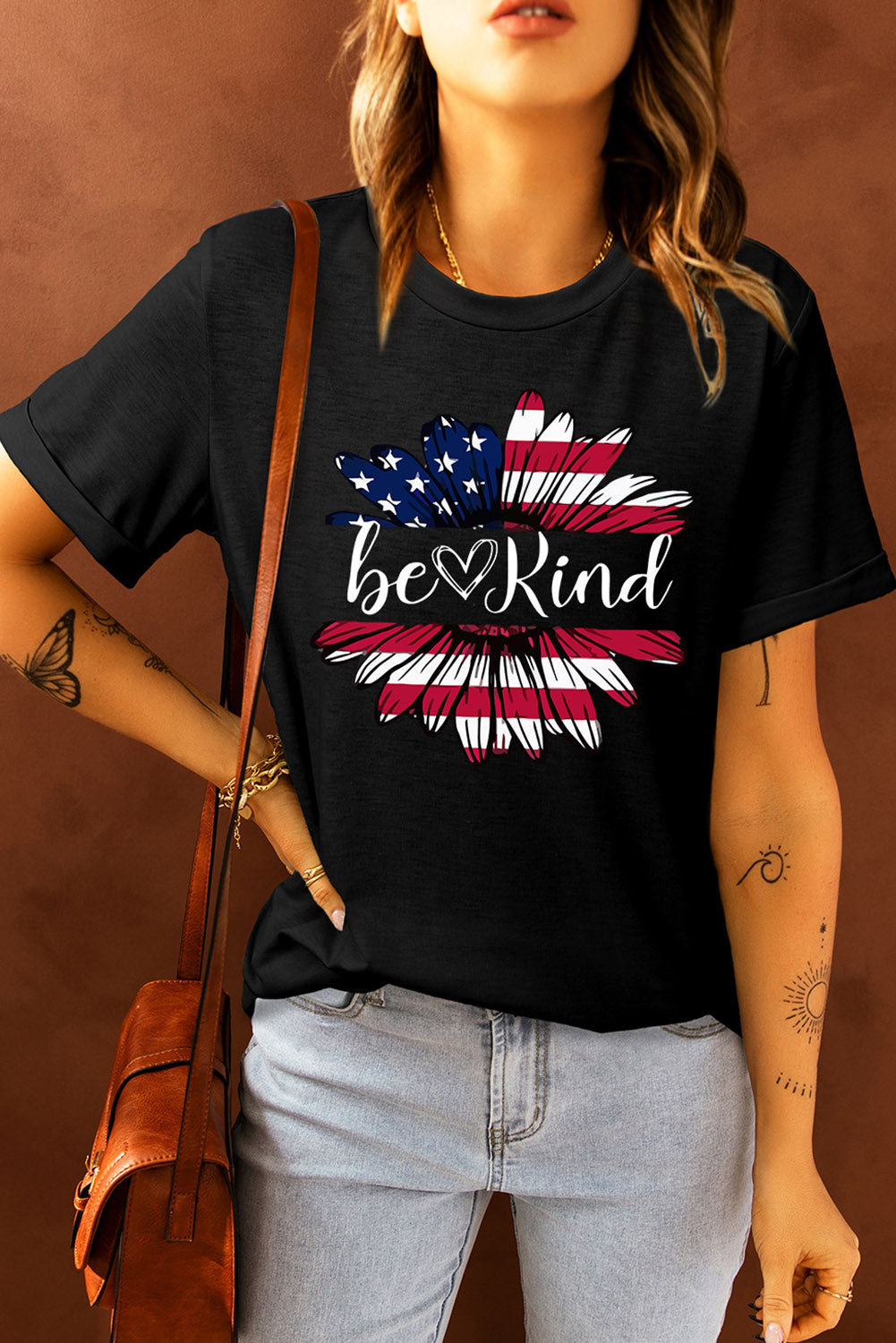 BE KIND US Flag Graphic Round Neck Tee-Jewearrings