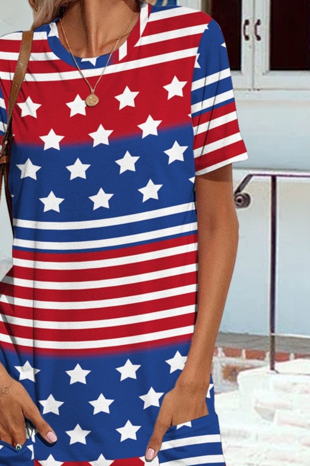 Pocketd US Flag Printed Short Sleeve Dress-Jewearrings