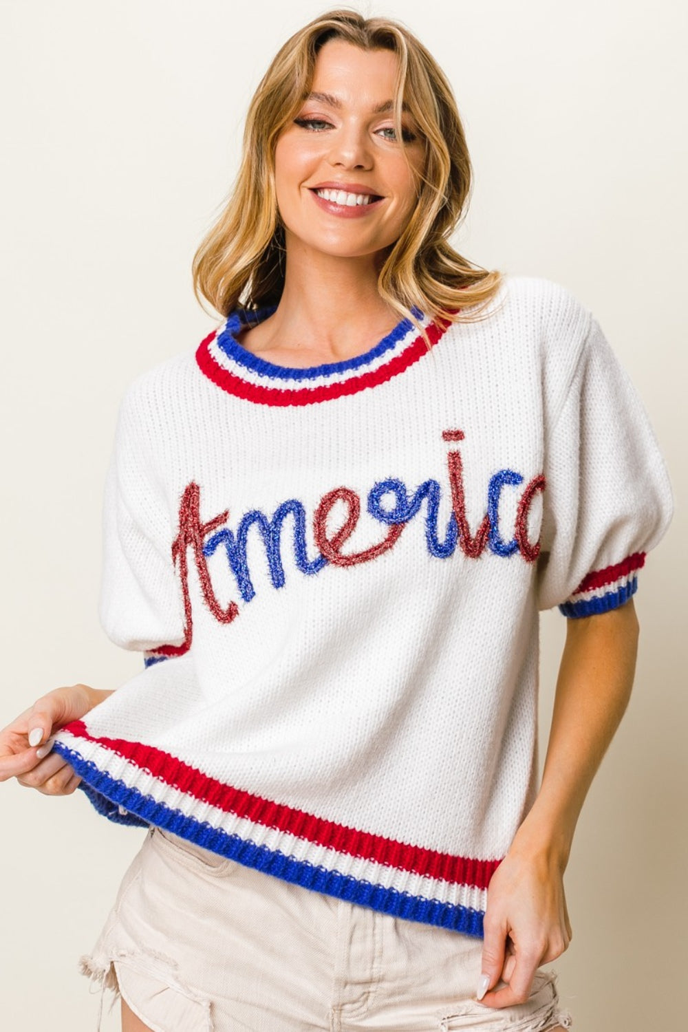 BiBi Metallic America Letter Short Sleeve Sweater-Jewearrings