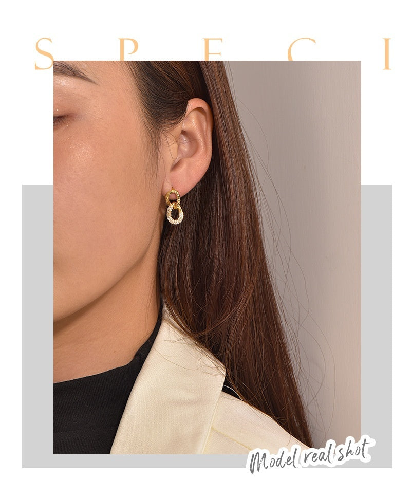 Retro Easy Matching Double Ring Stud Minority Simple Micro Inlaid White Zirconium Delicate Earrings-Jewearrings