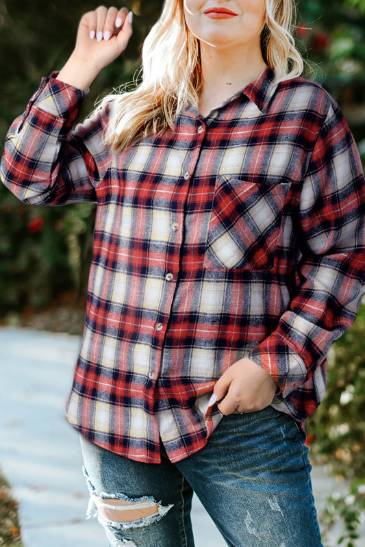 Plus Size Plaid Collared Neck Shirt-Jewearrings