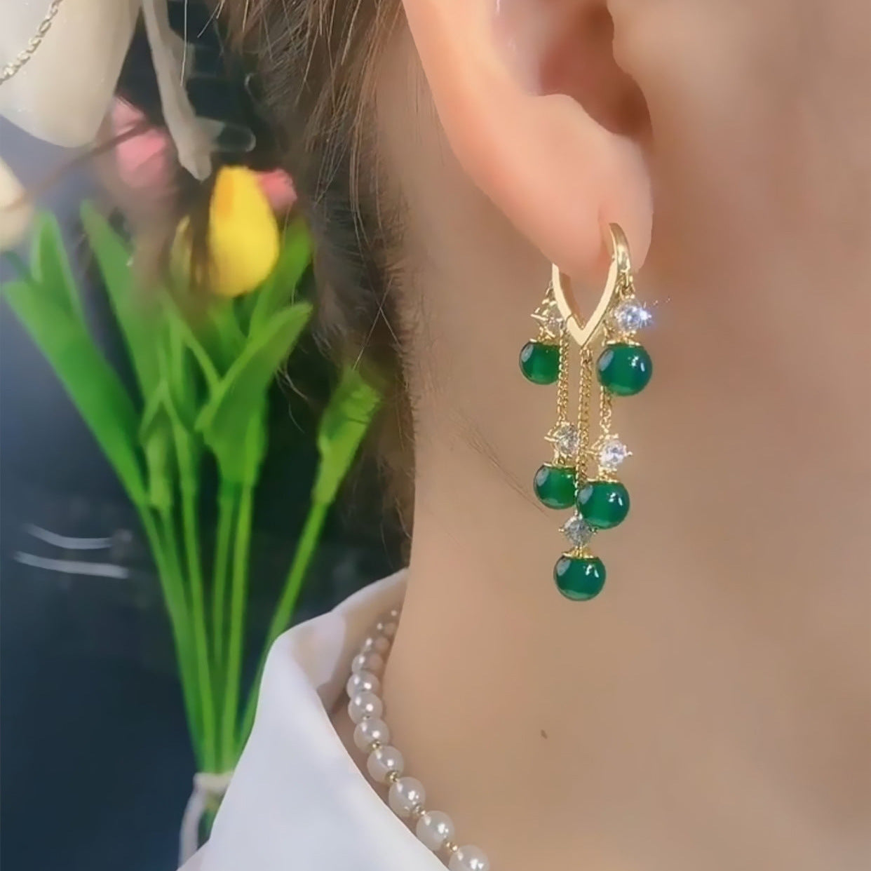 Niche Design Emerald Opal All-match Heart-shaped Tassel Earrings-Jewearrings