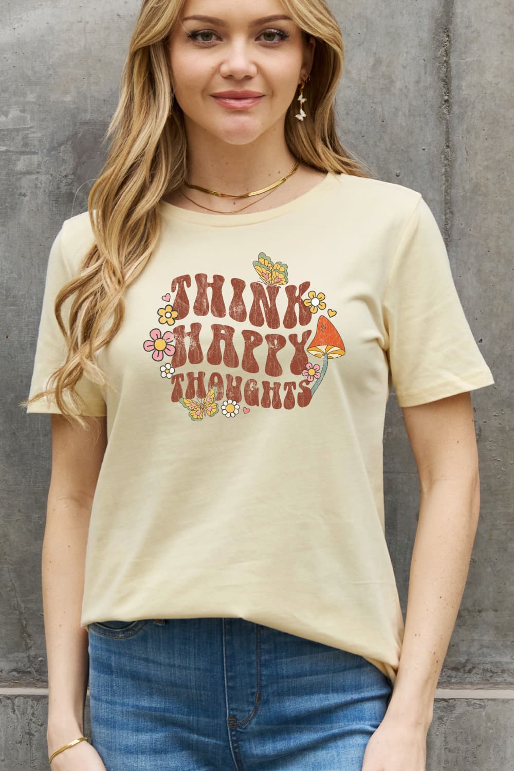 Simply Love Full Size THINK HAPPY THOUGHTS Graphic Cotton Tee-Jewearrings