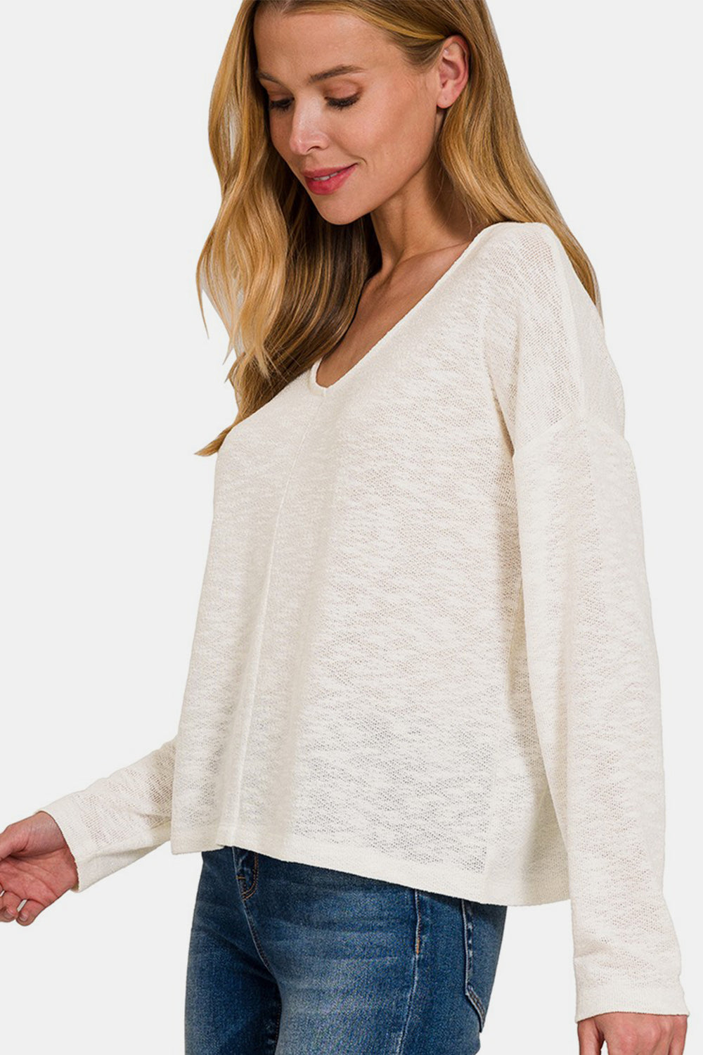 Zenana V-Neck Dropped Shoulder Long Sleeve T-Shirt-Jewearrings