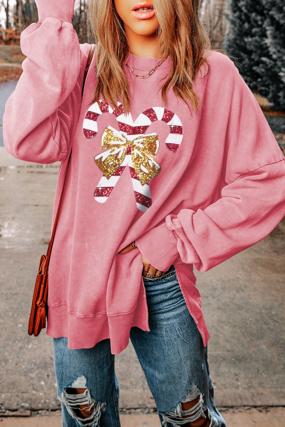 Sequin Candy Cane Round Neck Slit Sweatshirt-Jewearrings