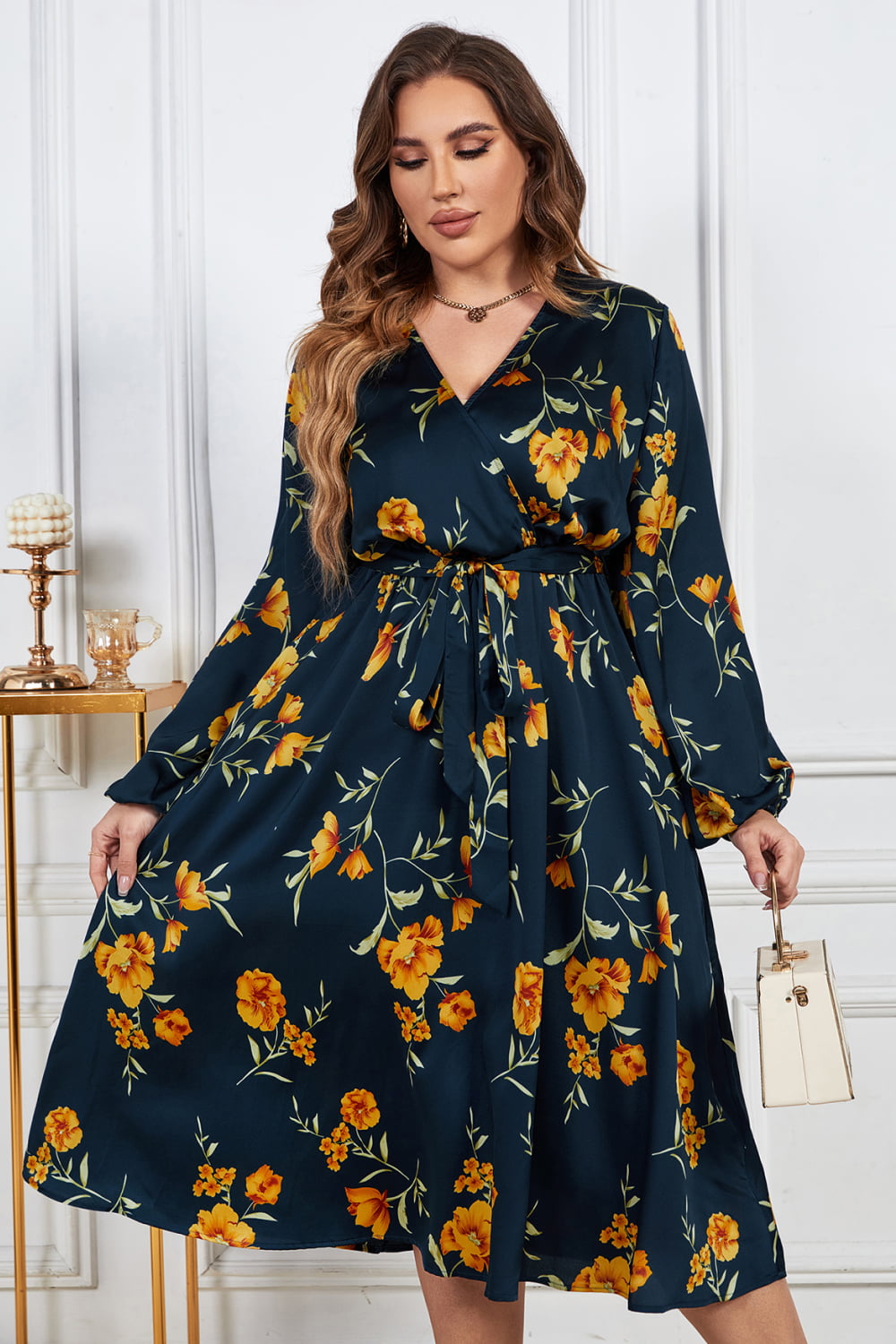 Melo Apparel Plus Size Floral Print Surplice Neck Midi Dress-Jewearrings