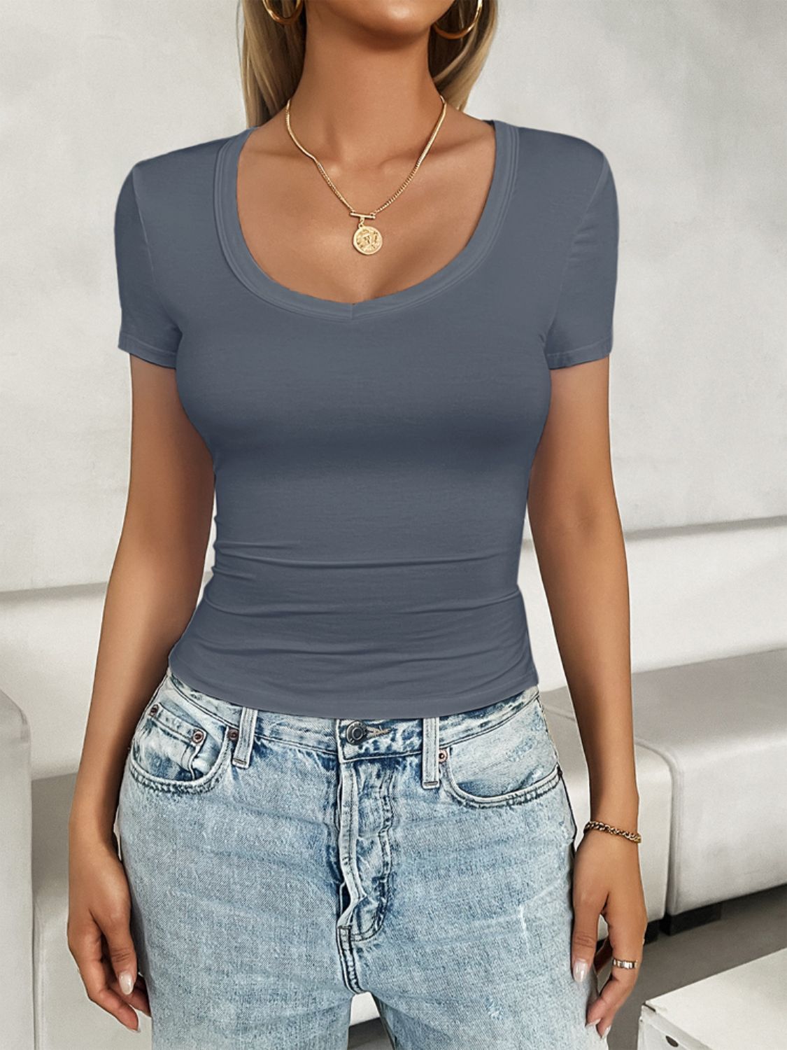 Scoop Neck Short Sleeve T-Shirt-Jewearrings