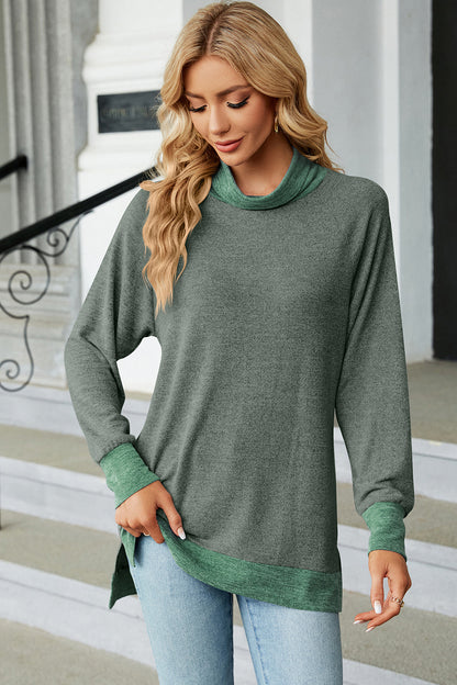 Slit Mock Neck Long Sleeve T-Shirt-Jewearrings