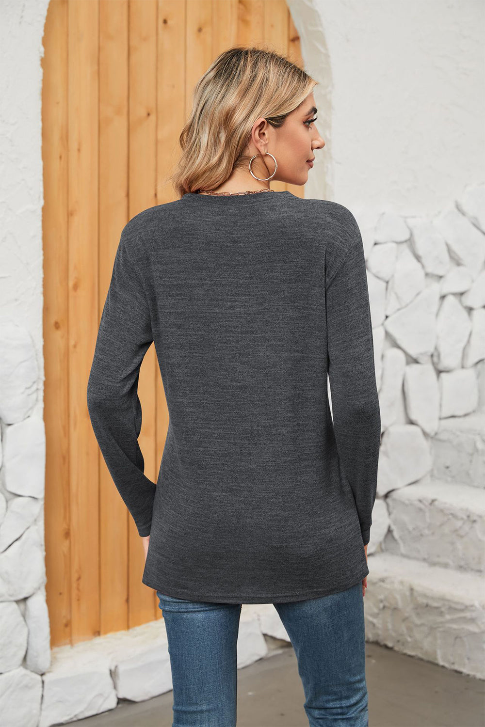 Notched Neck Long Sleeve T-Shirt-Jewearrings