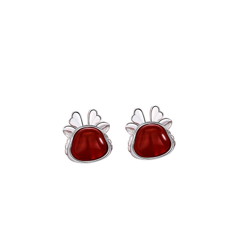 Sterling Silver Cute Dragon Girl National Fashion Red Agate Earrings-Jewearrings