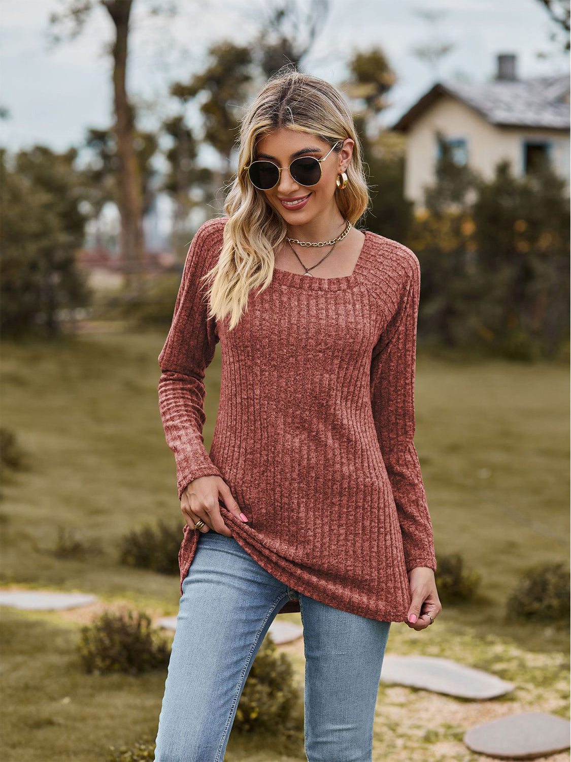 Full Size Ribbed Square Neck Long Sleeve T-Shirt-Jewearrings