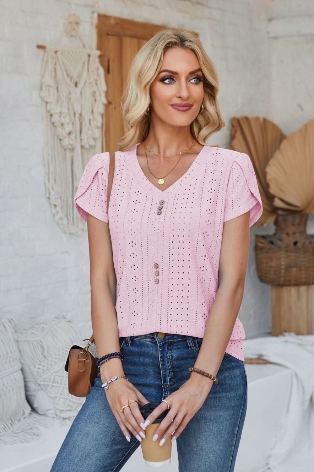 Decorative Button Eyelet V-Neck Short Sleeve T-Shirt-Jewearrings