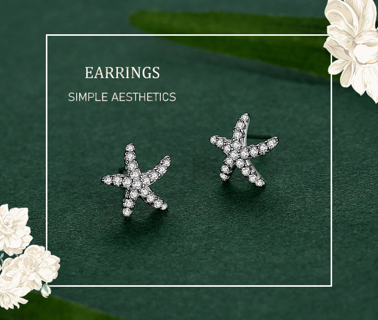 S925 Sterling Silver Starfish Stud Earrings With Diamonds-Jewearrings