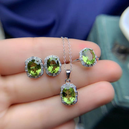 Natural Olivine Set 925 Silver Inlaid Rings Pendants Stud Earrings Three-piece Set-Jewearrings