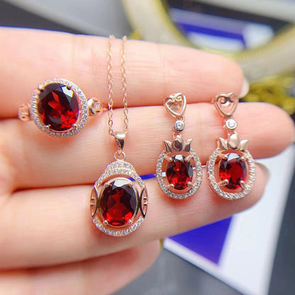 Natural Garnet Ear Stud Pendant Ring Set 925 Silver Inlaid Sweet Earrings-Jewearrings