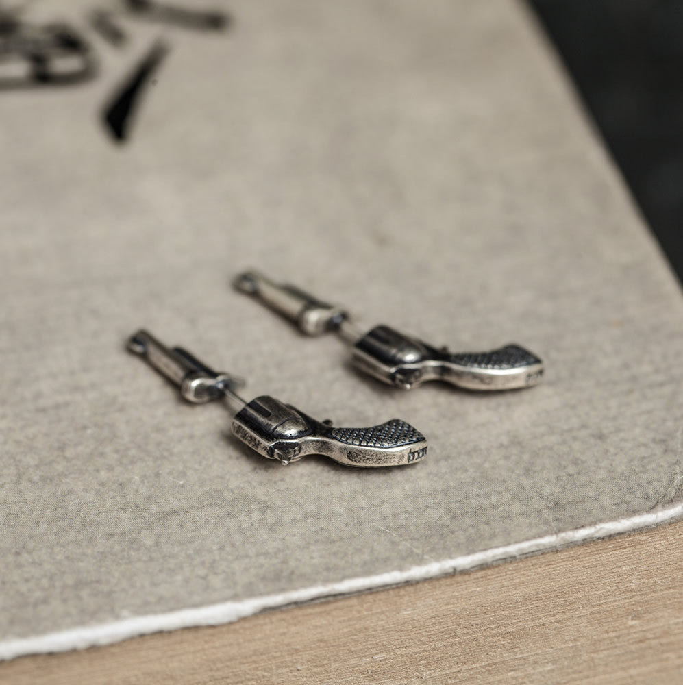 Sterling Silver Three-dimensional Miniature Pistol Earrings-Jewearrings