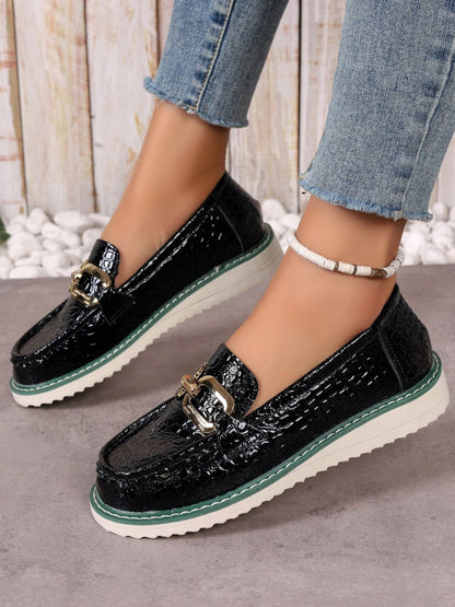 PU Leather Buckle Trim Loafers-Jewearrings