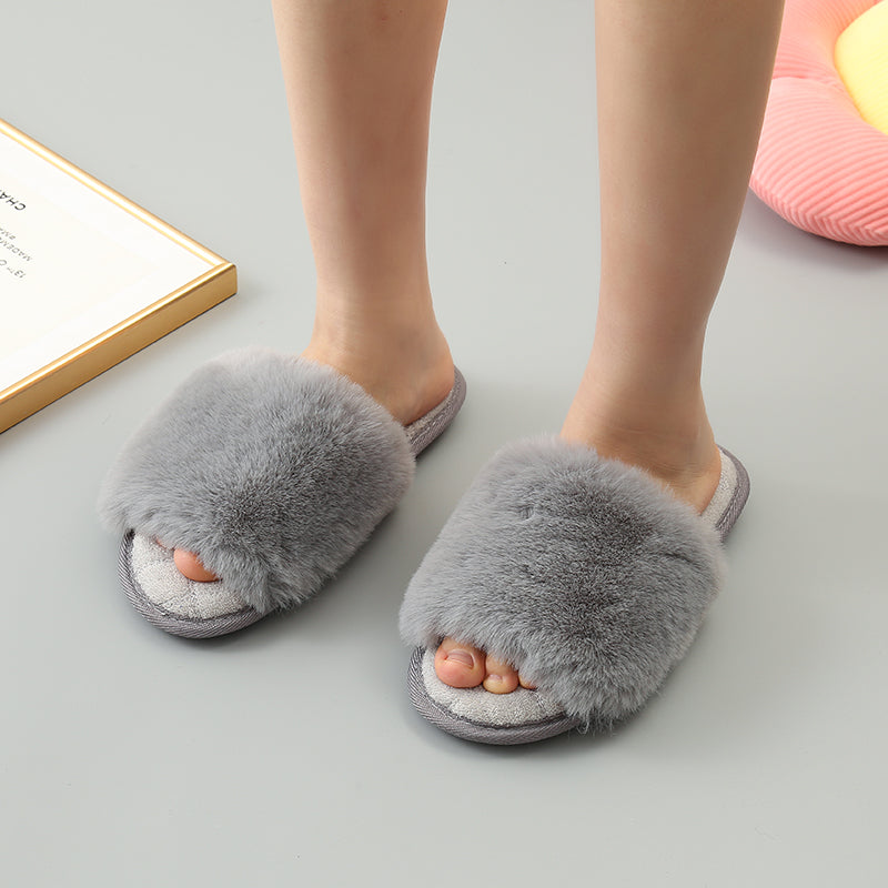 Faux Fur Open Toe Slippers-Jewearrings