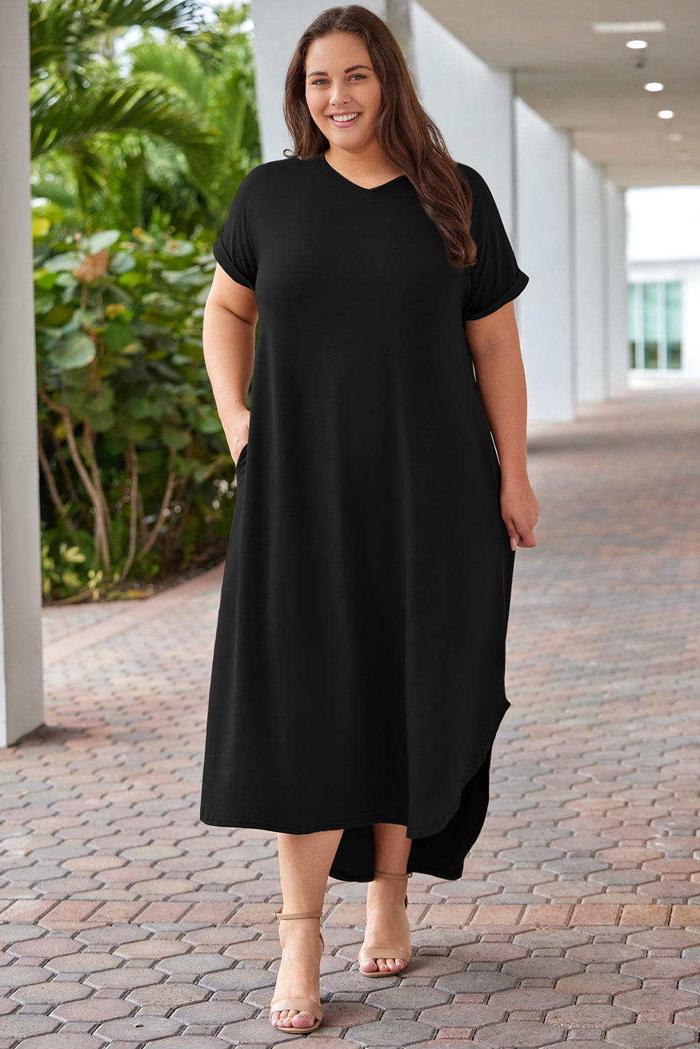 Plus Size V-Neck Short Sleeve Maxi Dress-Jewearrings