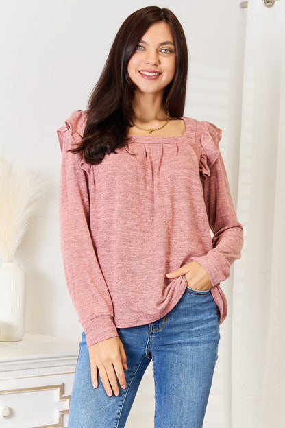 Double Take Square Neck Ruffle Shoulder Long Sleeve T-Shirt-Jewearrings