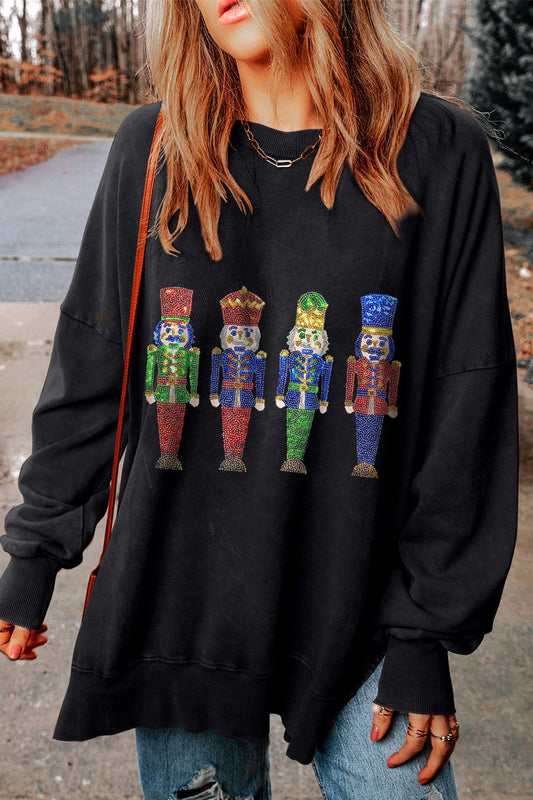 Sequin Nutcracker Long Sleeve Slit Sweatshirt-Jewearrings