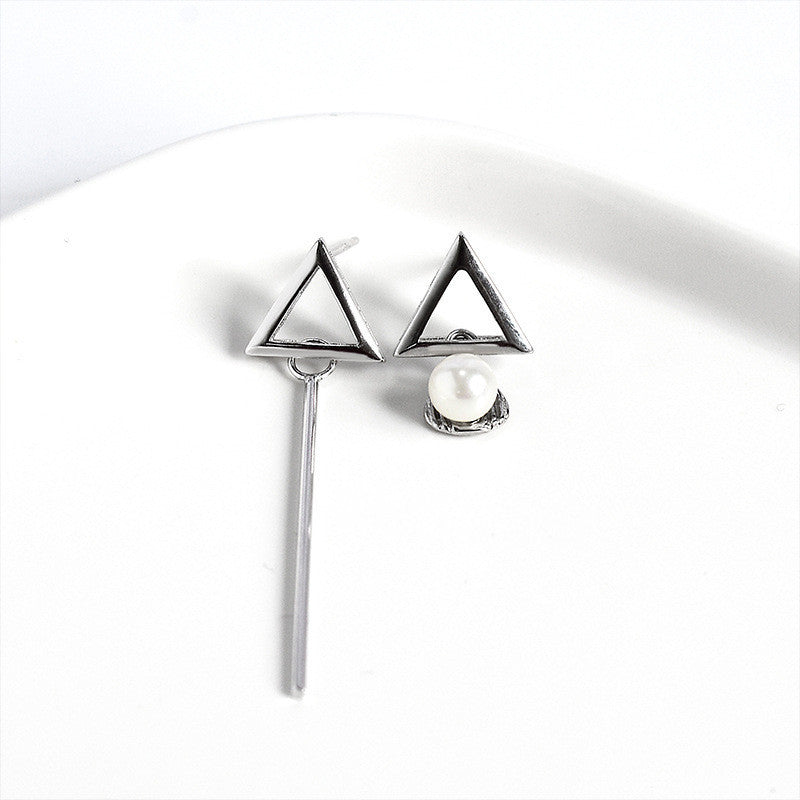 Ins Temperament Cold Wind Jewelry S925 Sterling Silver Pearl Triangle Asymmetric Earrings Earrings-Jewearrings