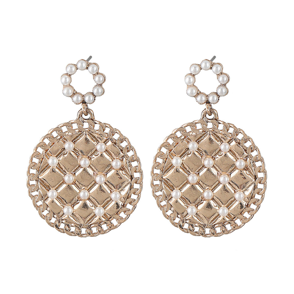 New Mesh Alloy Inlaid Pearl Round Earrings Female Trend-Jewearrings