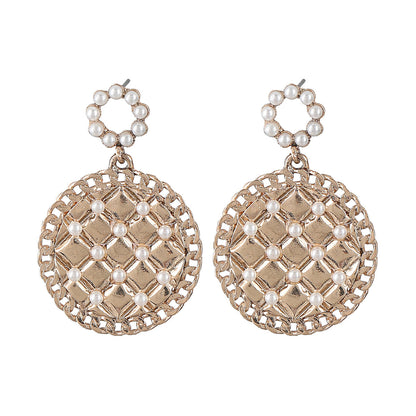 New Mesh Alloy Inlaid Pearl Round Earrings Female Trend-Jewearrings