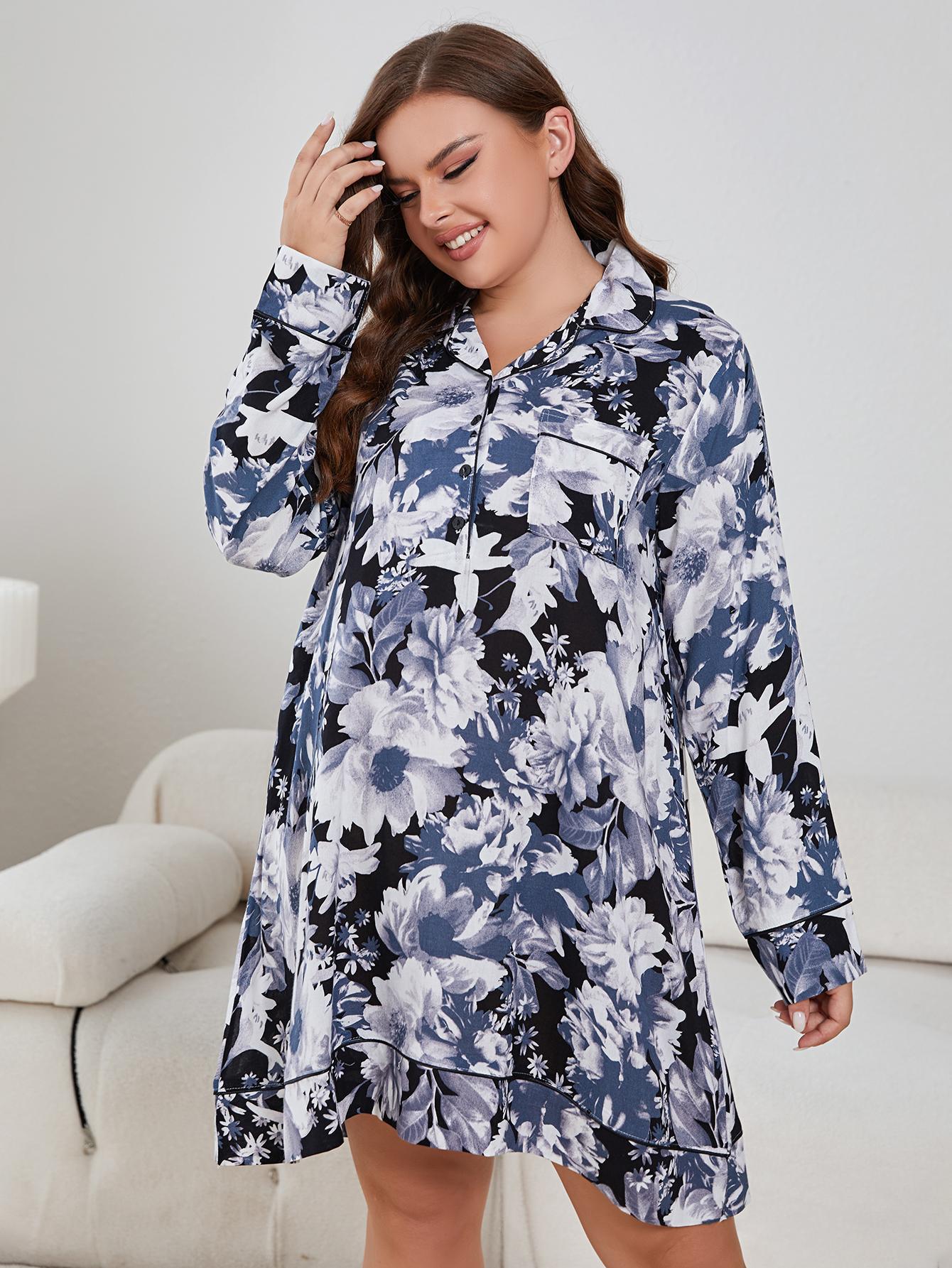 Plus Size Floral Lapel Collar Long Sleeve Night Dress-Jewearrings