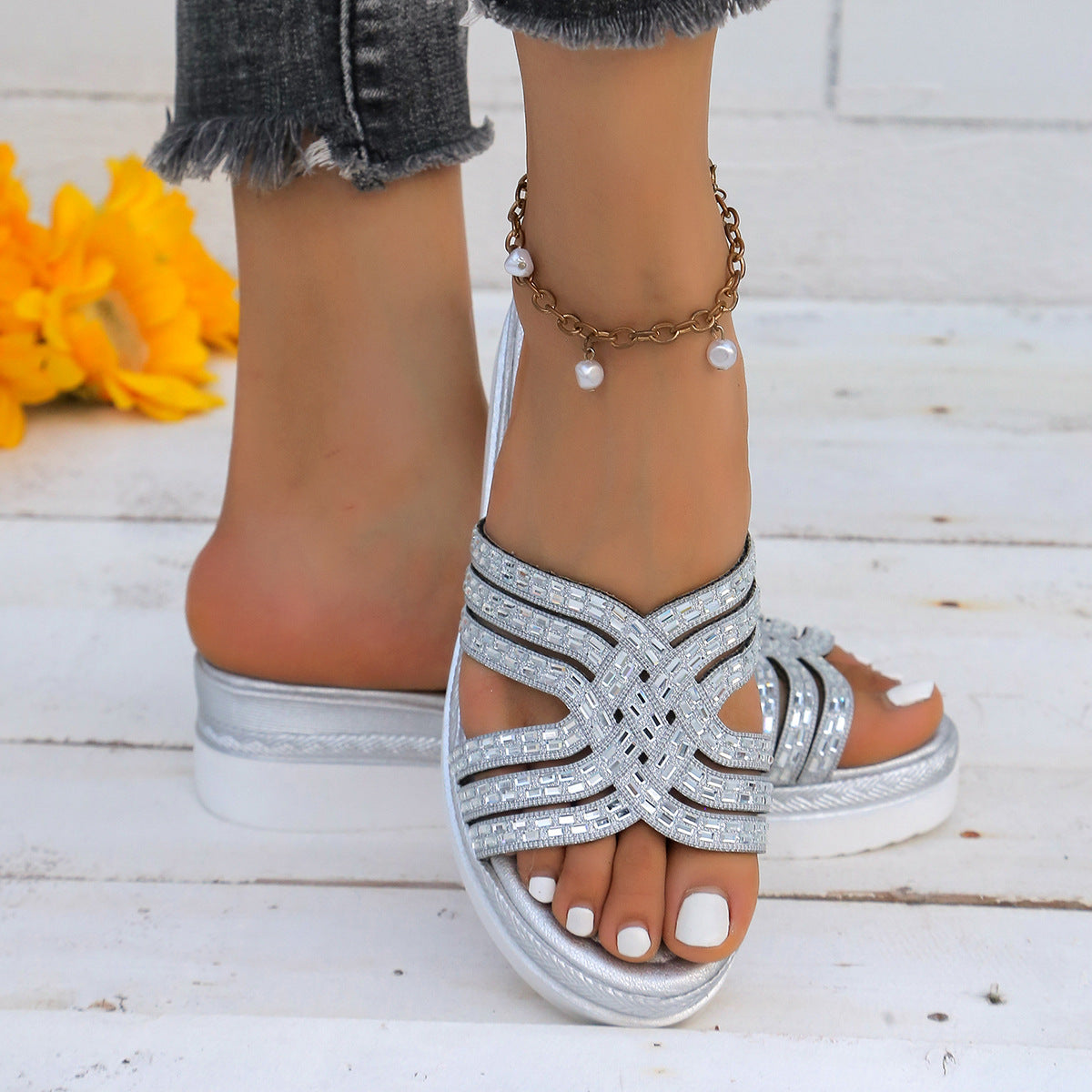 Rhinestone Open Toe Wedge Sandals-Jewearrings