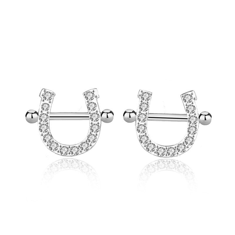 S925 Sterling Silver Mini Zircon Horseshoe Stud Earrings Female Personality-Jewearrings