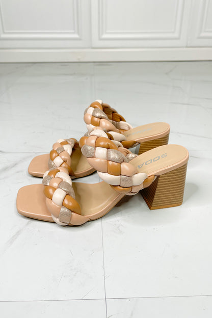 SODA Interwoven Ideas Braided Strap Block Heel Slide Sandal in Nude-Jewearrings