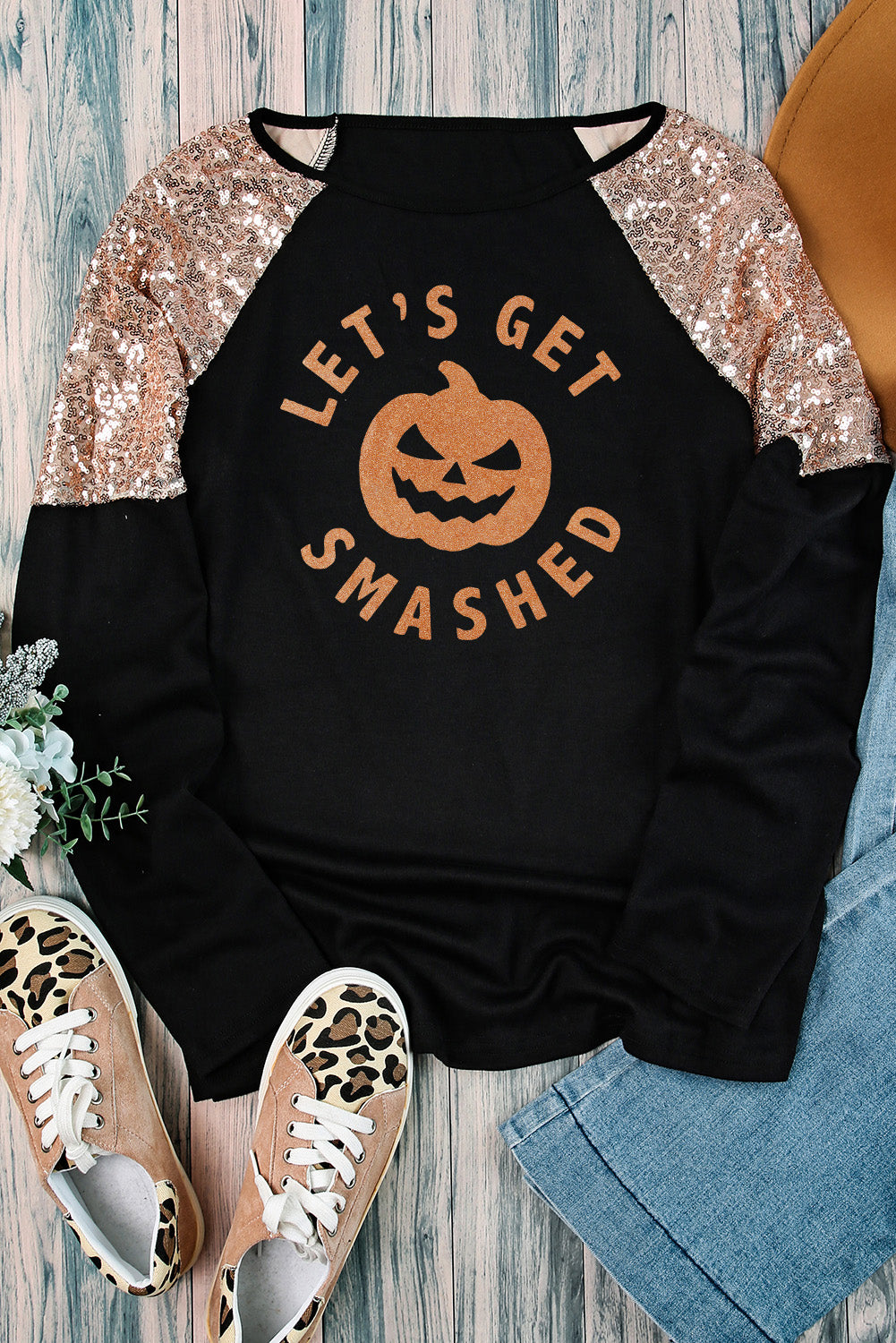 Graphic Sequin Long Sleeve Top-Jewearrings