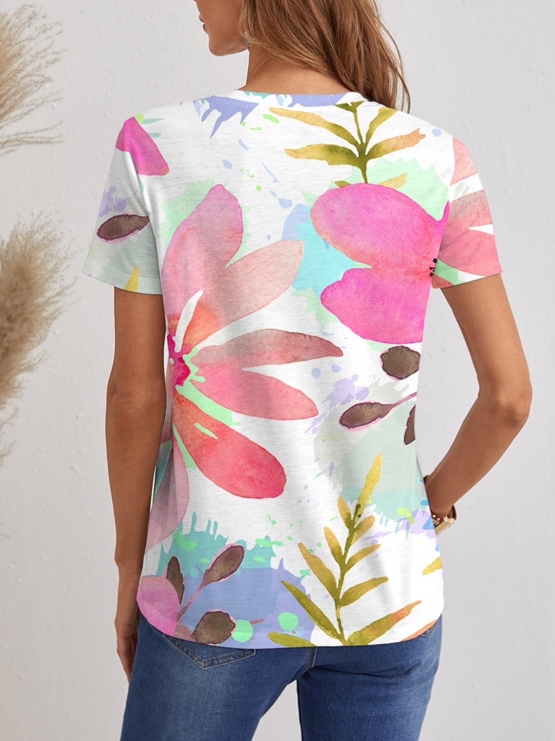 Printed V-Neck Short Sleeve T-Shirt-Jewearrings