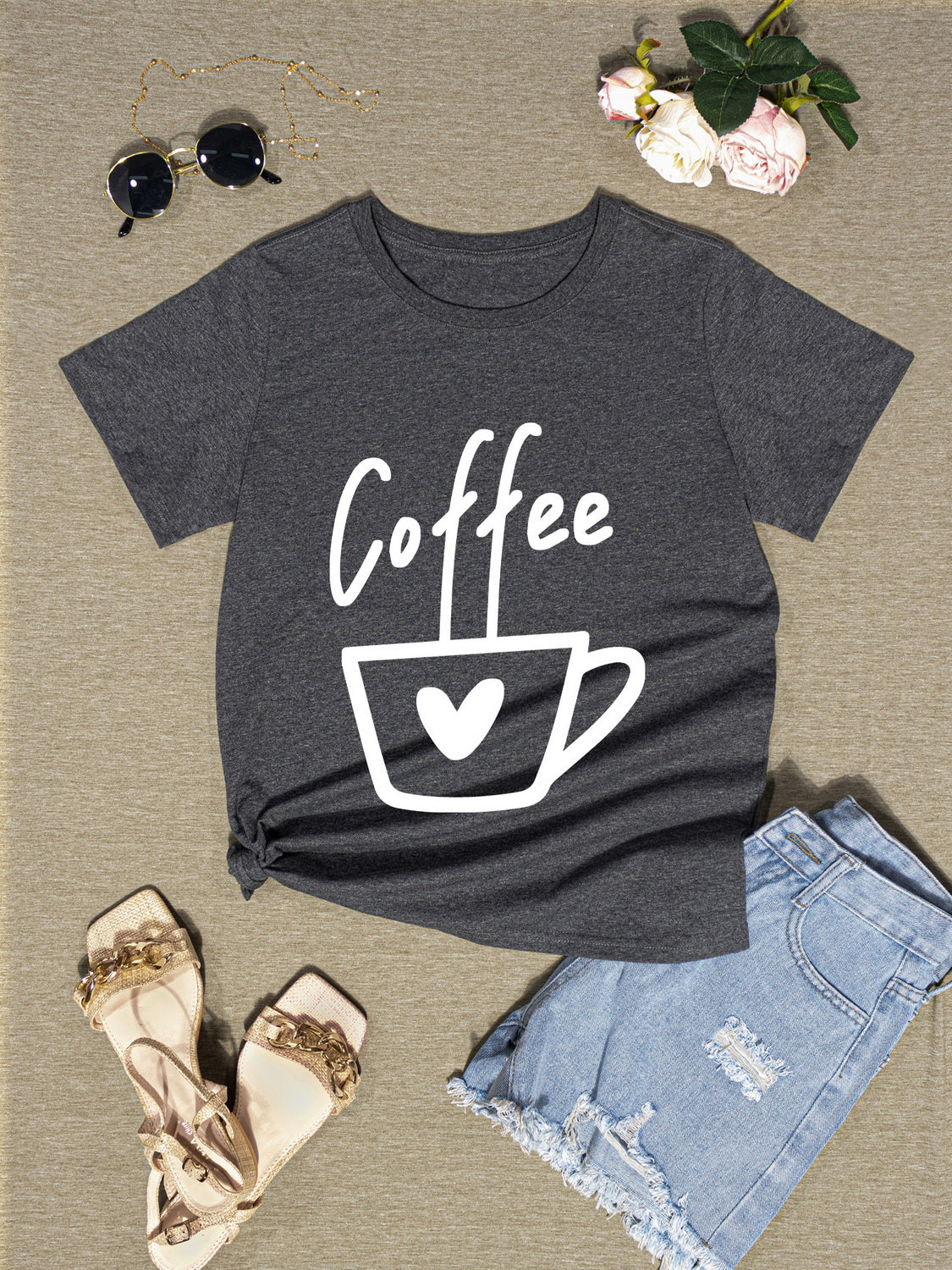 COFFEE Round Neck Short Sleeve T-Shirt-Jewearrings