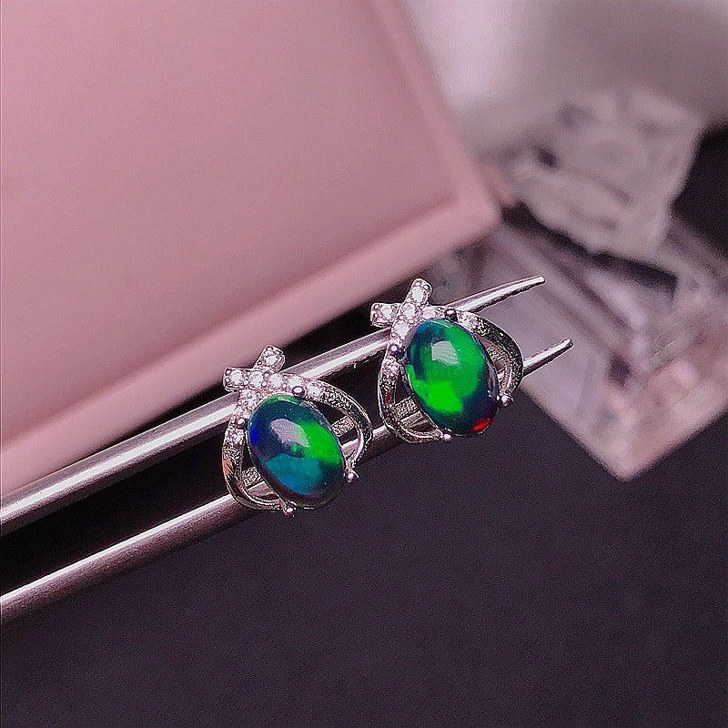 Stud Earrings Silver Inlaid Natural Black Opal-Jewearrings