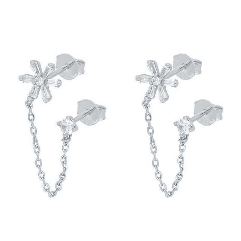 Sterling Silver Geometric Floral Chain Tassel Solitaire Stud Earrings-Jewearrings