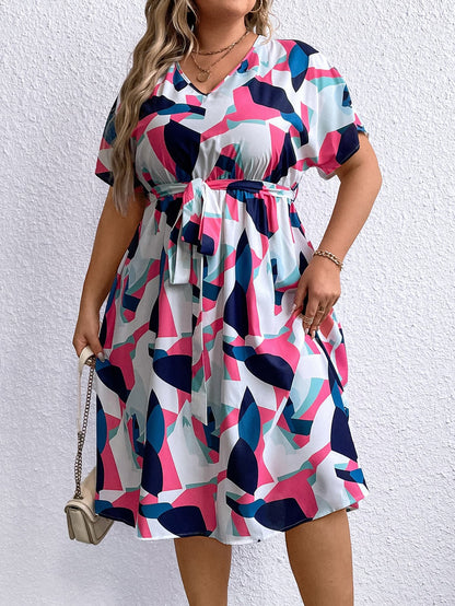 Plus Size Multicolored V-Neck Tie Waist Dress-Jewearrings