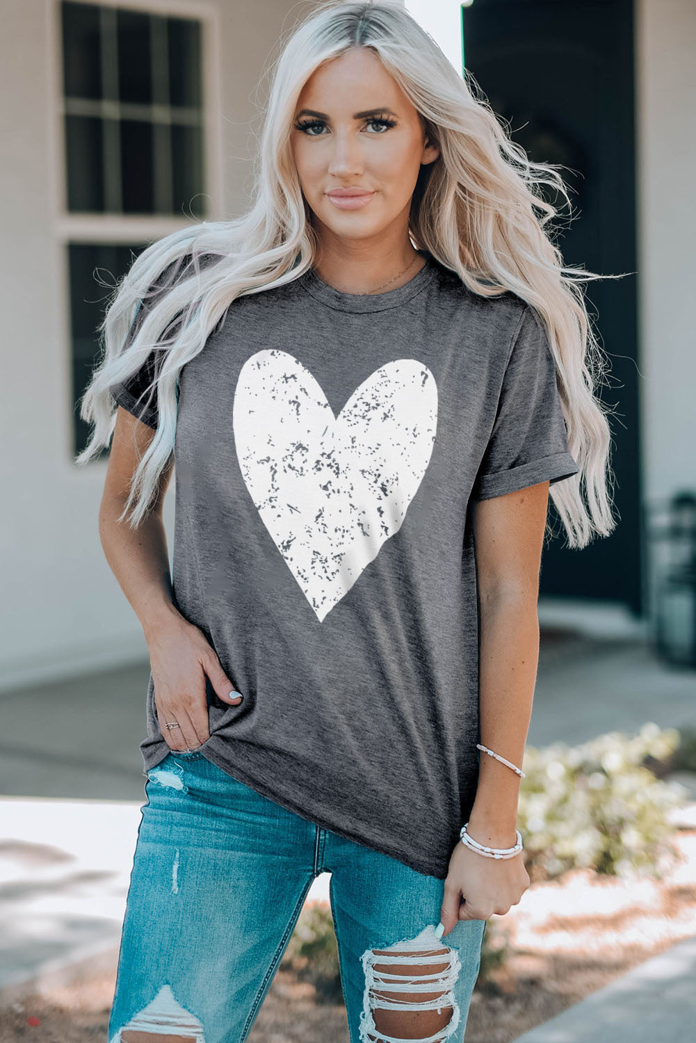 Heart Graphic Cuffed Short Sleeve Tee-Jewearrings