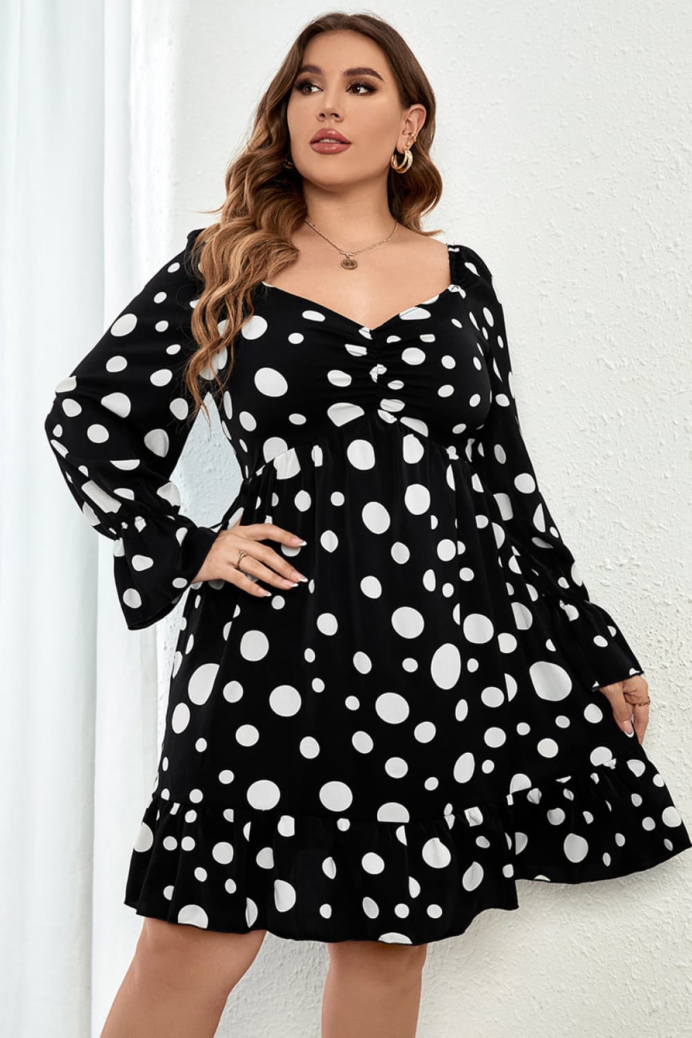 Melo Apparel Plus Size Polka Dot Sweetheart Neck Flounce Sleeve Mini Dress-Jewearrings