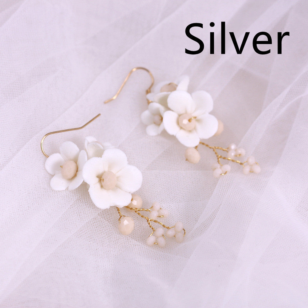 Bride Gold And Silver Flower Ceramic Earrings-Jewearrings