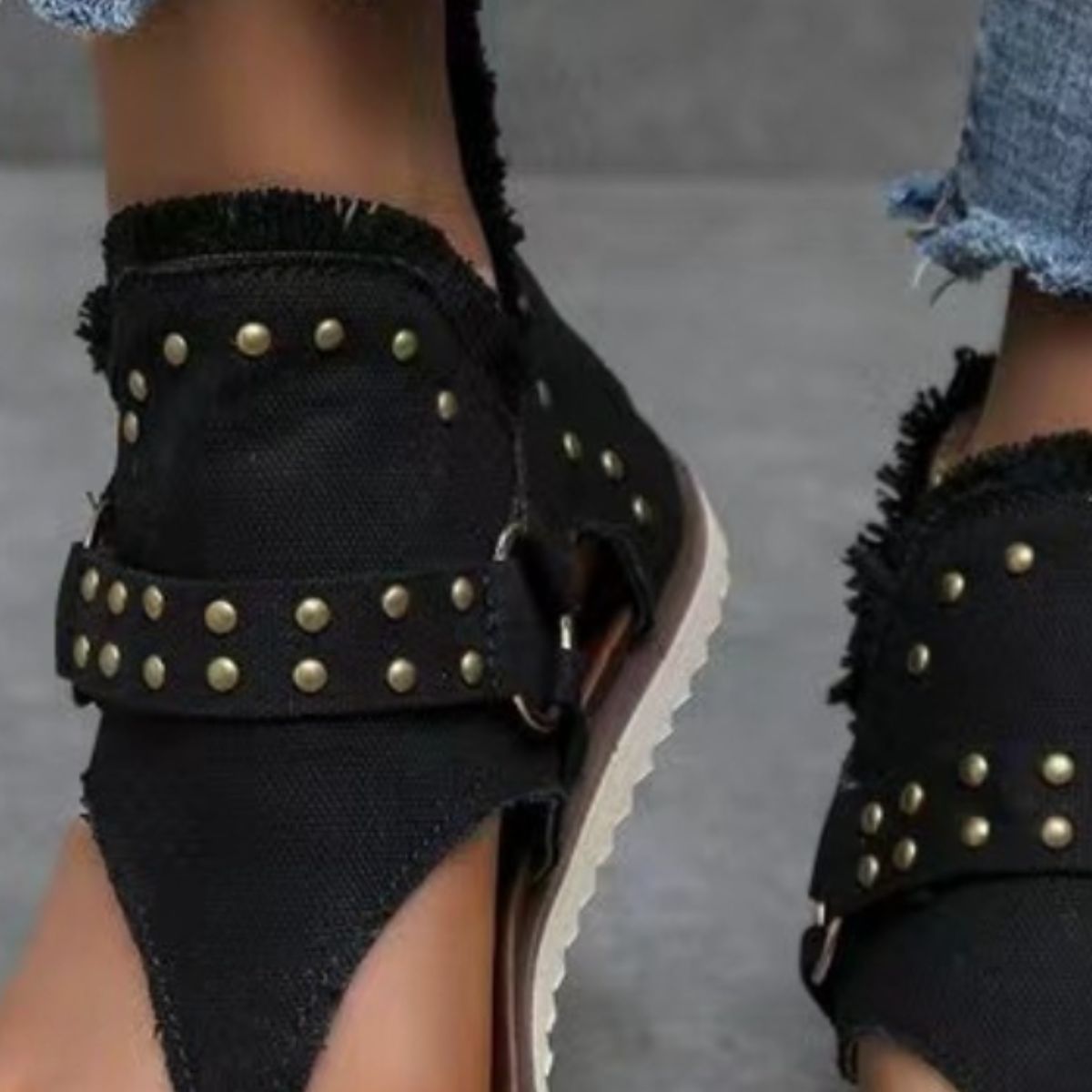 Studded Raw Hem Flat Sandals-Jewearrings