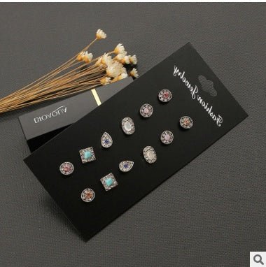 6 Pairs Set Ethnic Earrings Rhinestone Flower Shape Stud Earring-Jewearrings