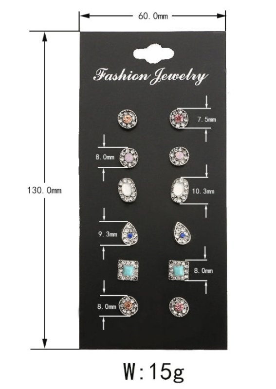 6 Pairs Set Ethnic Earrings Rhinestone Flower Shape Stud Earring-Jewearrings