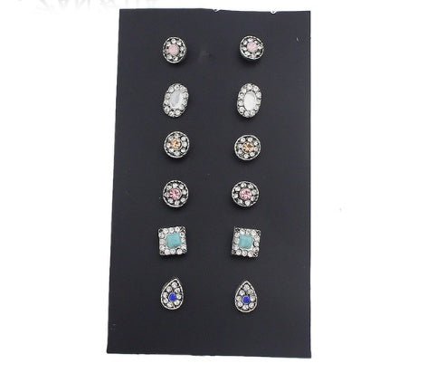 6 Pairs Set Ethnic Earrings Rhinestone Flower Shape Stud Earring-Jewearrings