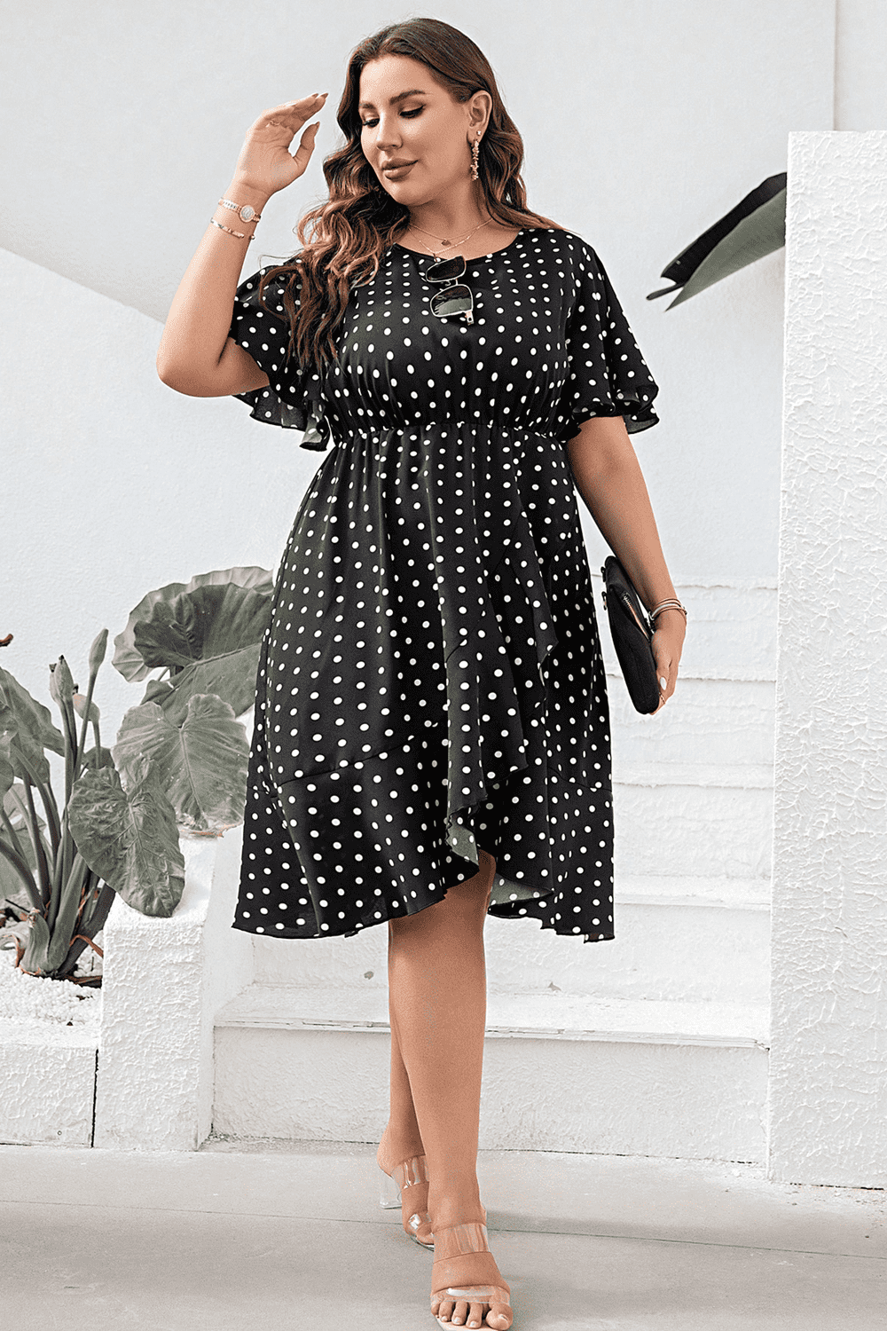 Plus Size Polka Dot Flutter Sleeve Dress-Jewearrings