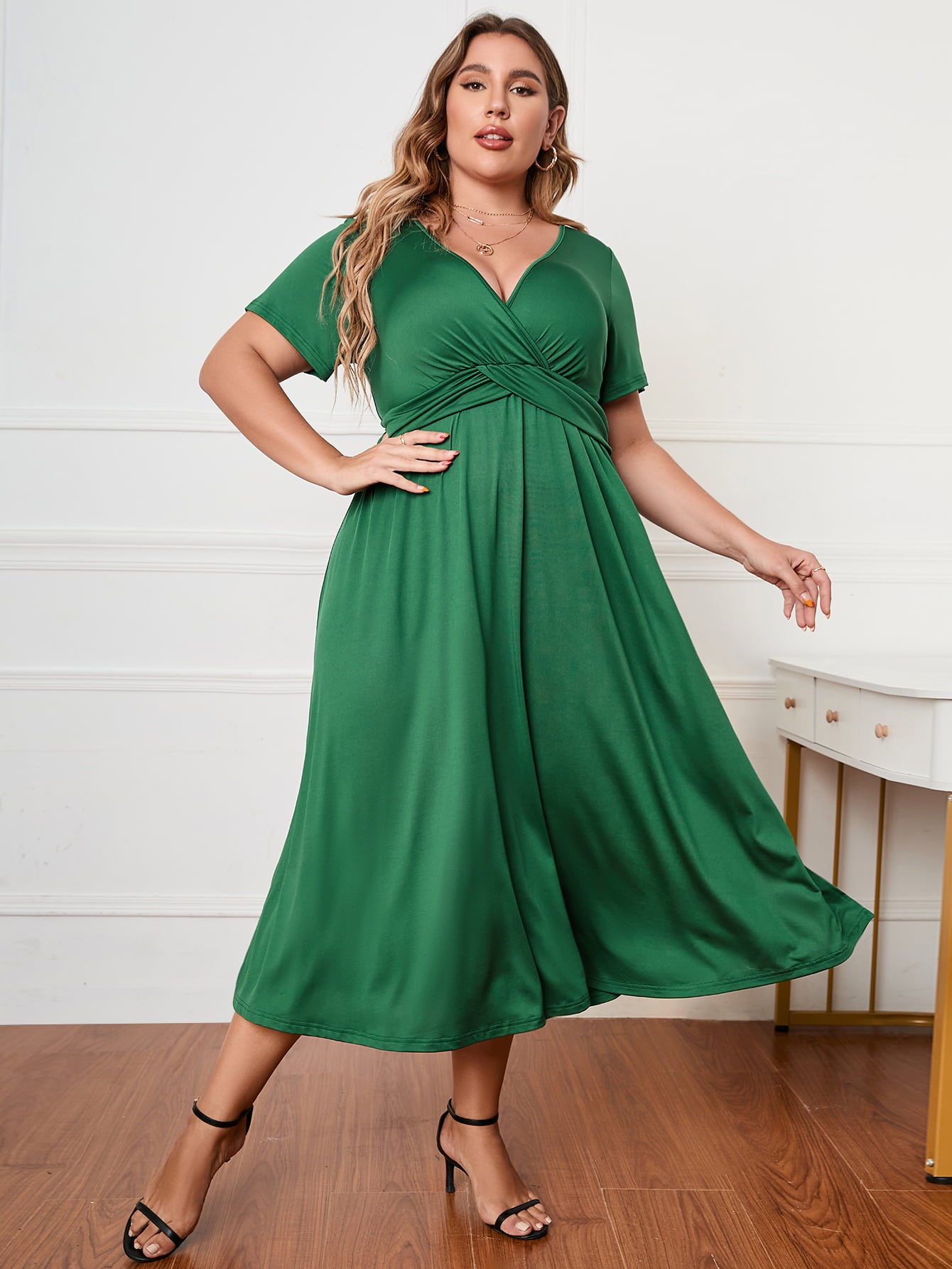 Plus Size Short Sleeve Surplice Neck Midi Dress-Jewearrings