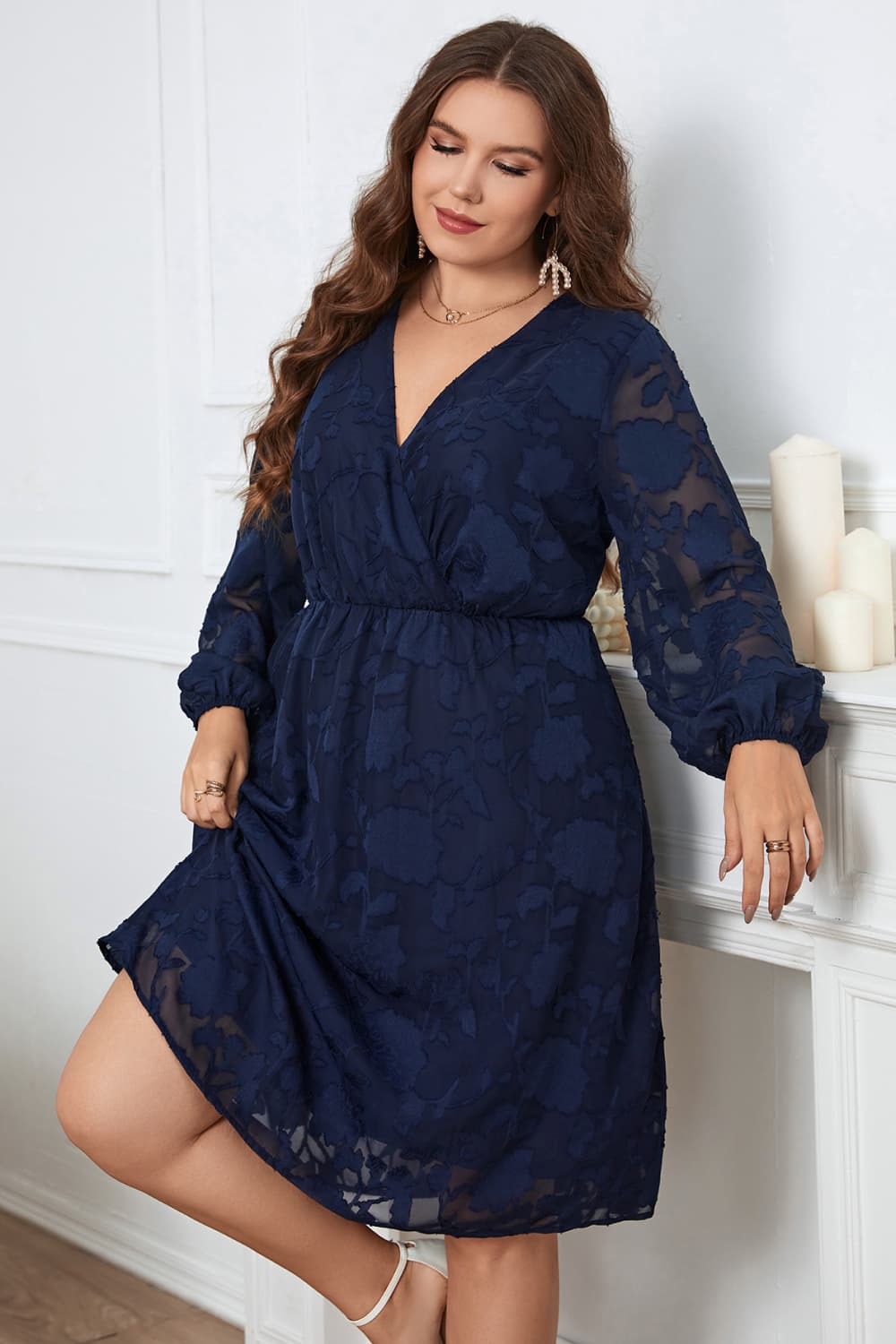 Melo Apparel Plus Size Surplice Neck Balloon Sleeve Dress-Jewearrings